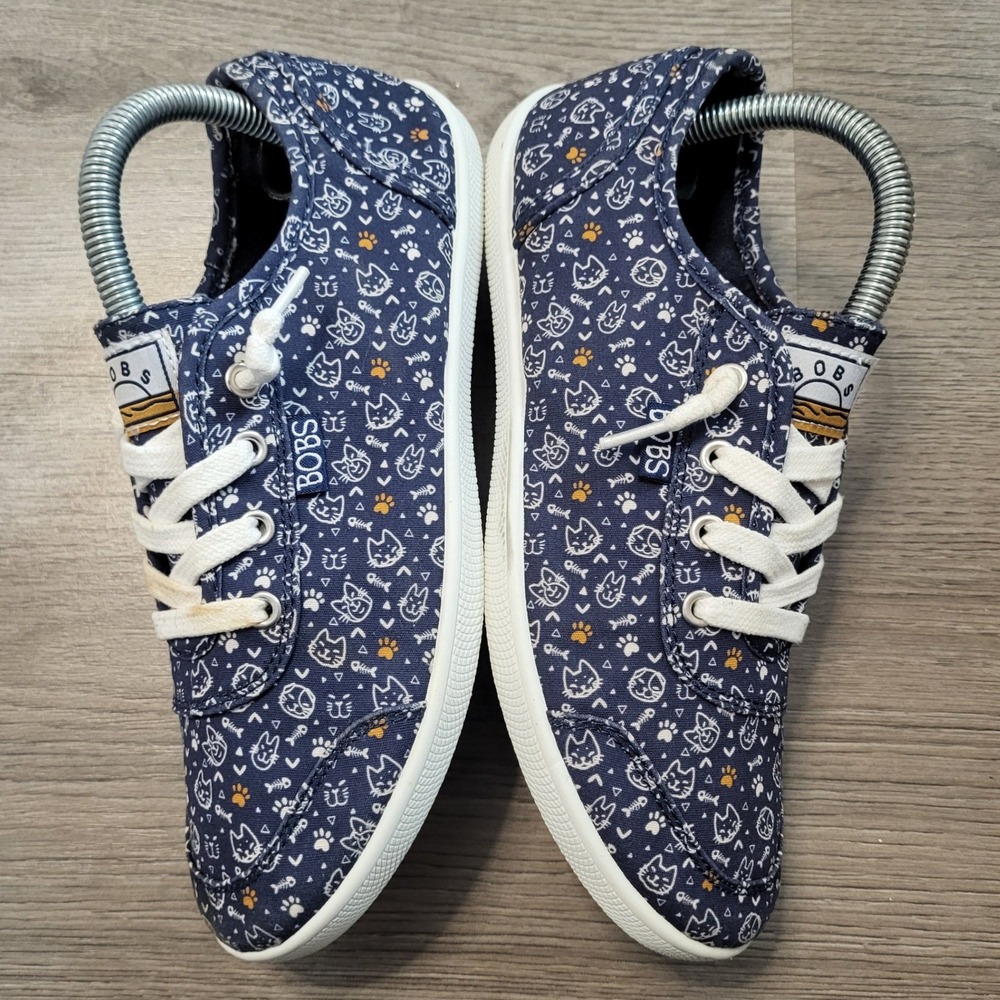 Skechers BOBS B Cute Itty Kitty Cat Print Slip On Sneakers Womens 6 Casual Navy